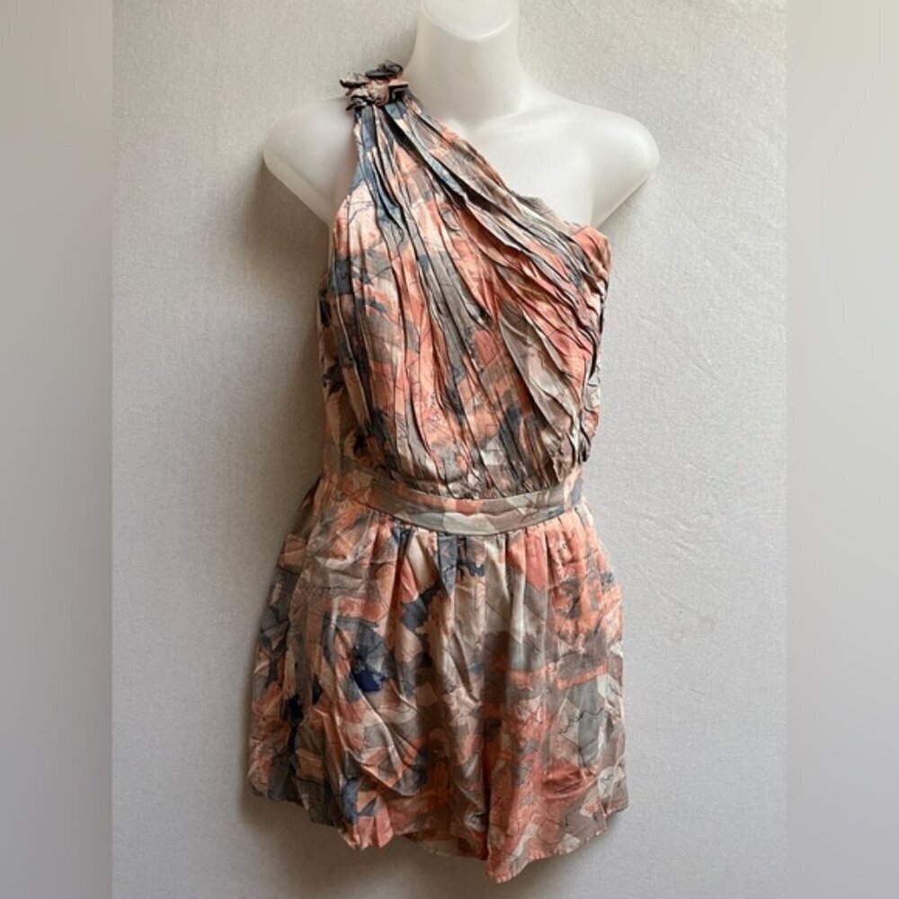 BCBGeneration One Shoulder Floral Pastel Watercolor Romper Sz 4 Pleated Cocktail
